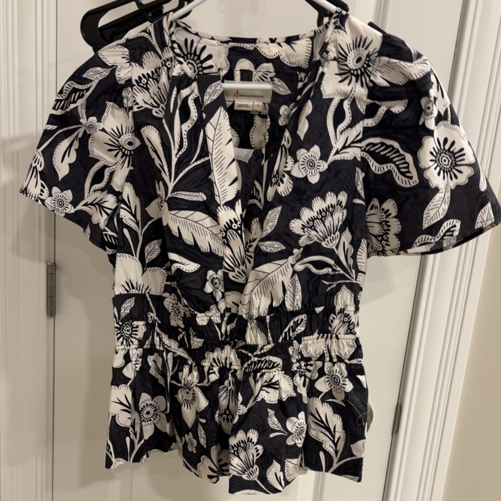 Anthropologie Black and White Floral Top
